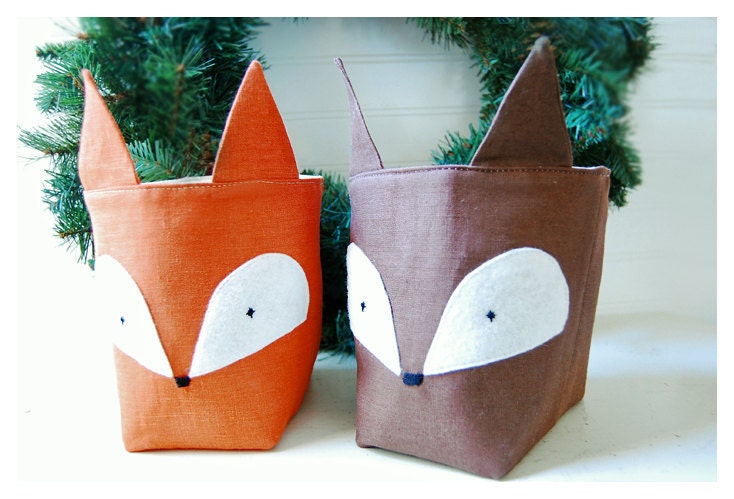 Fox Box Red brown etsy diaper caddy weddings decor bin basket Set 2 Linen Organizer Storage rust Embroidery Handmade tagt team Gift Wrap