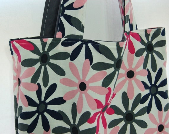 Tote Pink Gray and White Flowers - Shoulder Bag