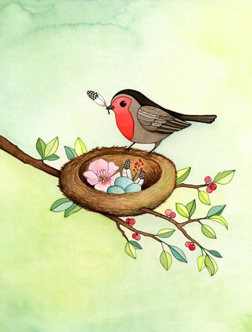 Art for nursery -  bird print - Neutral baby gift