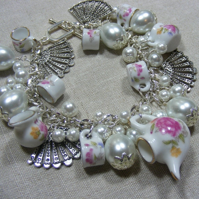 Tea Party Charm Braclet, Tiny Porcelain Tea Set, Free Gift Box