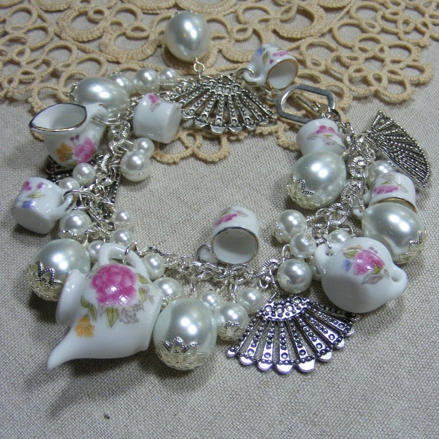 Tea Party Charm Braclet, Tiny Porcelain Tea Set, Free Gift Box