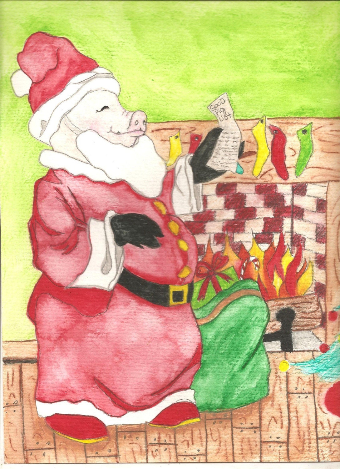 Buy naughty e greeting cards - Santa Pig Standing In Front Of The Fireplace checking Naughty List Christmas 10 Cards With Envelopes by Shannon Ivins