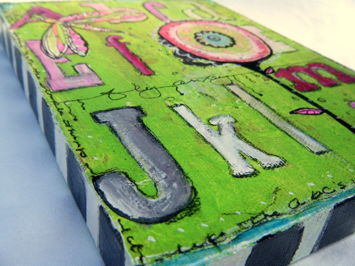 Deal of the Day save 10 dollars Fly Away 6 x 8 Lime Green and Magenta Alphabet  Original Mixed Media Art by Jodi Ohl