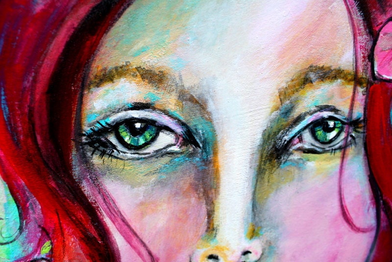 Sea of Love Mermaid Painting Portrait Red Hair Girl with Aqua Water and Floral Background by Jodi Ohl