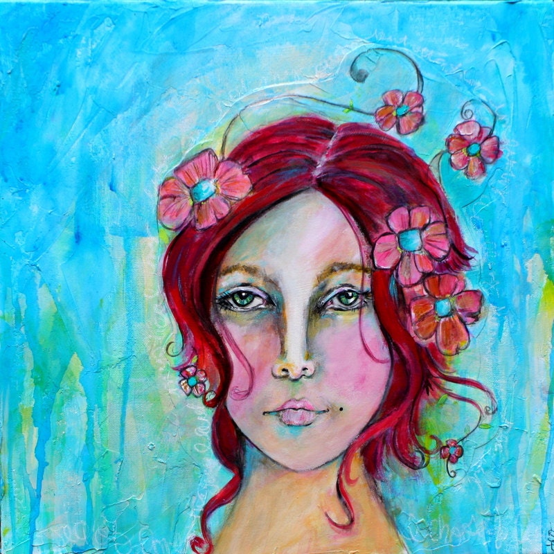 Sea of Love Mermaid Painting Portrait Red Hair Girl with Aqua Water and Floral Background by Jodi Ohl