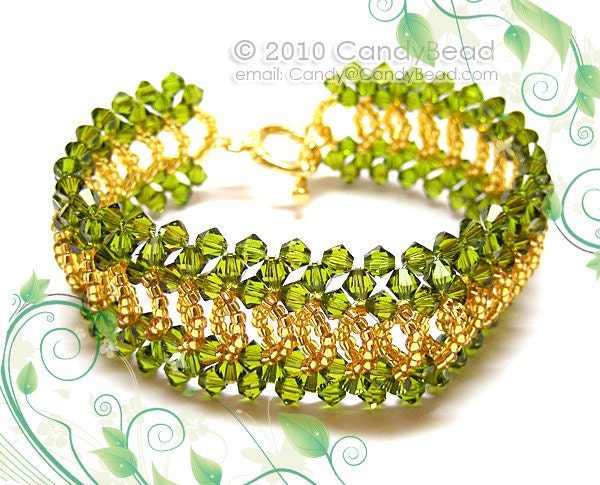 Olivine Splendid Swarovski Crystal Cuff Bracelet with Gold toggle clasp by CandyBead