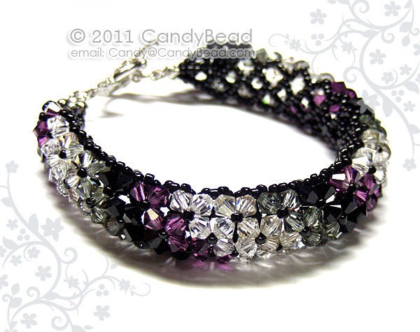 Swarovski bracelet, Black and Amethyst Swarovski Crystal Bracelet with Silver Toggle Clasp by CandyBead