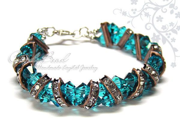 Swarovski Bracelet, Gorgeous Brown and Teal Crystal Cuff Bracelet by CandyBead