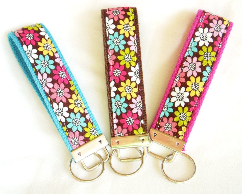 Keyfob Wristlet Keychain - Mums the Word - Colorful Floral Print Key fob with your choice of webbing color