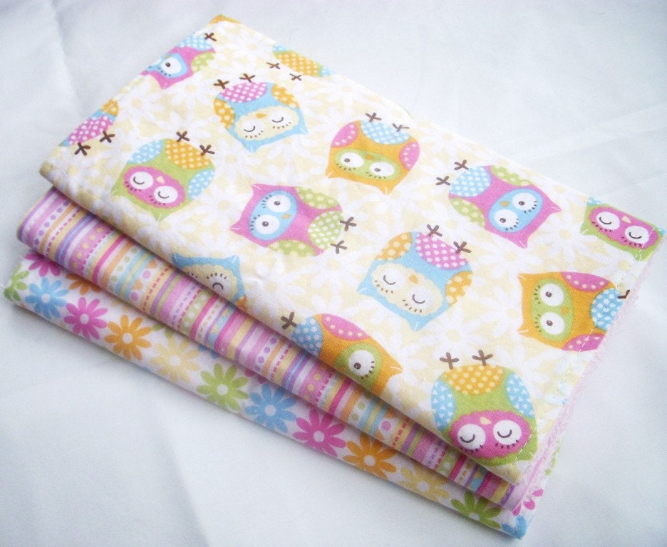 Baby Girl Burp Cloth Gift Set - Sweet Owls - Set of 3 Burp Pads with Terry Cloth Backing