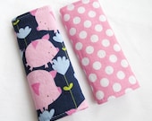 Reversible Car Seat Strap Covers - Pink Pigs and Polka Dots - Seatbelt strap covers for baby, infant and adult