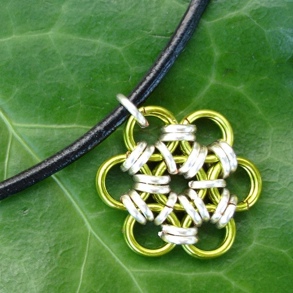 SALE -- Green and Silver Chainmaille Snowflake Pendant on Adjustable Leather Necklace