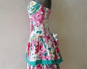 Vintage Strapless Corset Dress BOW BACK size 7 9 11 small Floral 80s Cotton FLUFF