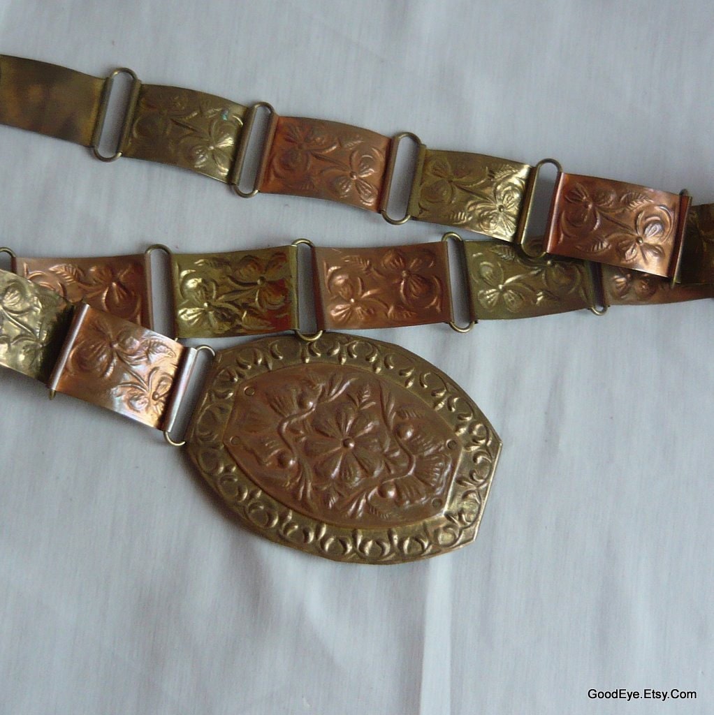 Embossed Metal Cinch Belt BRASS COPPER  26 to 34 waist  medium