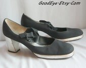 70s Mary Jane PLATFORM Shoes 8.5 Narrow Black Silver Young Jr Neiman Marcus Eur 39 UK 6