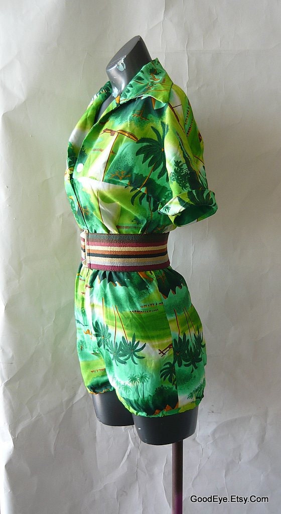 60s BOY LEG Jumpsuit  sz 2 4 6 Hawaiian Beach Resort Romper Shorts Playsuit Green Palm Trees