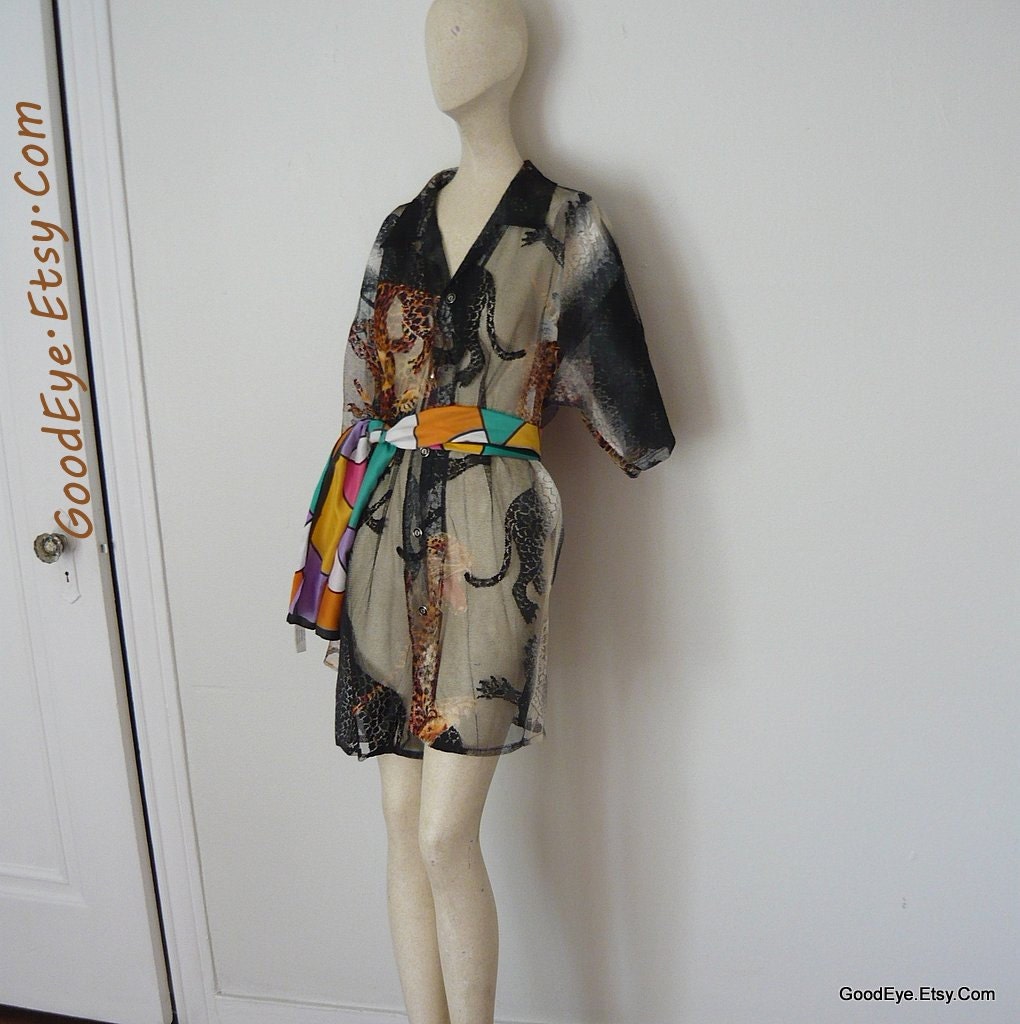 Sheer Animal Print Shirt Medium KUNG FU Never Worn Mens Swimsuit Coverup Mini Dress