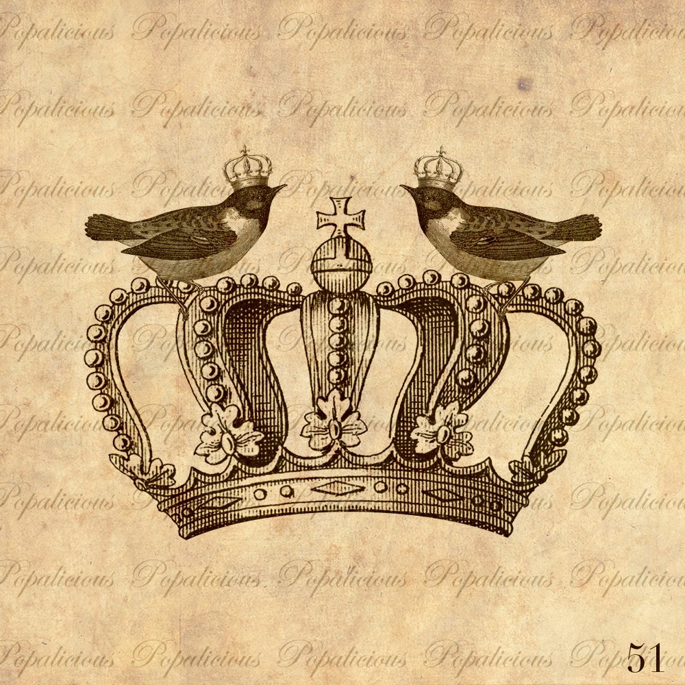 Digital Collage Vintage Style Crown with Royal Birds Digital Image Download Transfer