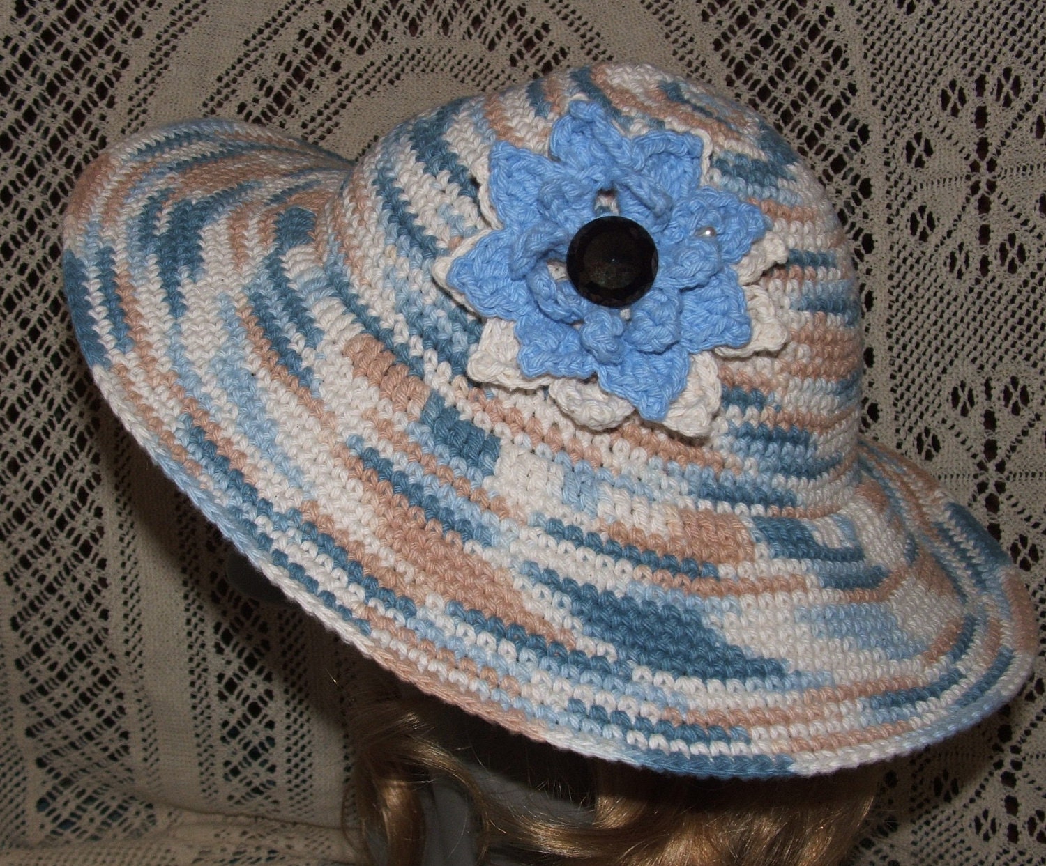 Womens Wide-Brim Cotton Summer Hat with Vintage Button and Crocheted Flower