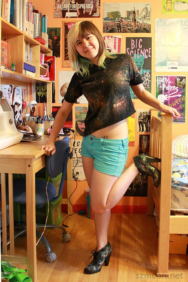 Hand Painted Galaxy Design Asymmetrical Crop Top