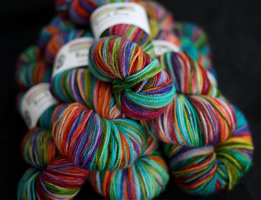 Hand Dyed Yarn, Superwash Merino Wool Sock Yarn, Rainbow Colored, 'A Day At the Carnival'