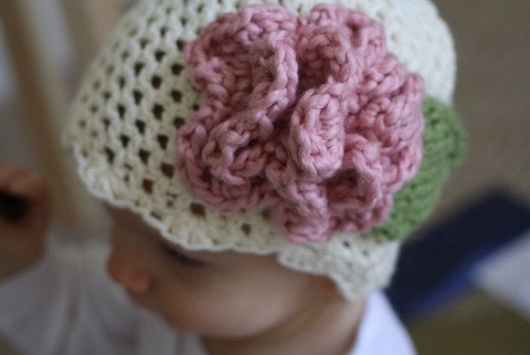 Crochet Pattern for Cream Baby Hat with Pink Accent flower (12)