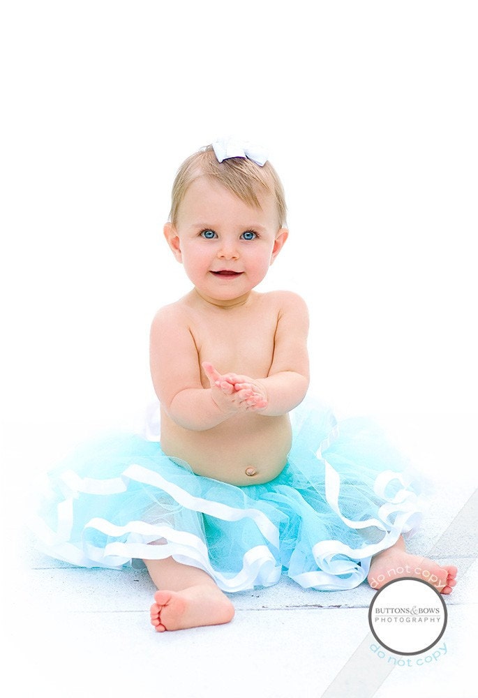 Sewn  Ribbon Tutu Skirt- Aqua, Tiffany Blue, White -  Baby , Toddler, Girl, Photographer's Prop