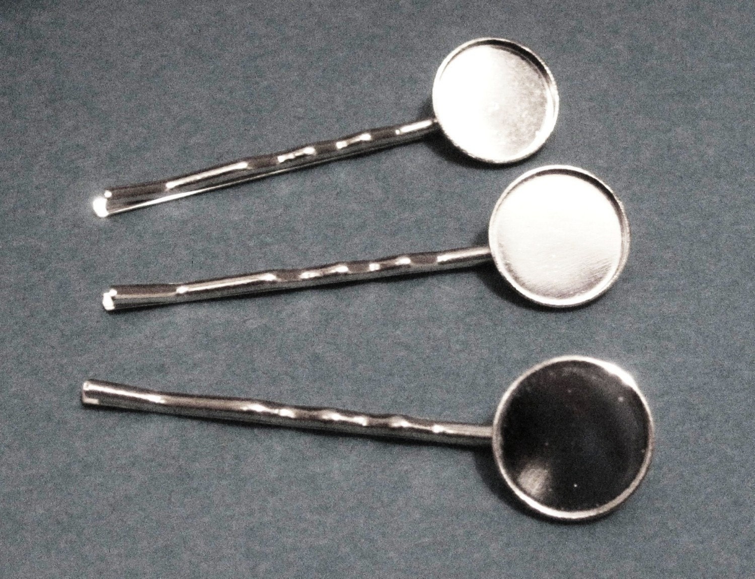 50 Bobby Pins with Blank 14mm Round Trays or Pads for Cabochons and Glass