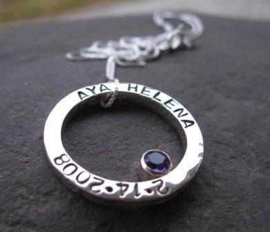 Custom Sterling Silver Hammered Circle Pendant with Natural Amethyst . personalized inscribed names, quote, poem . chain included