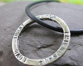 Oxidized Sterling Silver Hammered Circle Pendant . manly finish for men . custom inscription both sides . rubber cording 18 or 20 inches