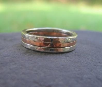 Mens Sterling Silver Wedding Bands on Mens Wedding Band Sterling Silver And Copper Triad Hammered