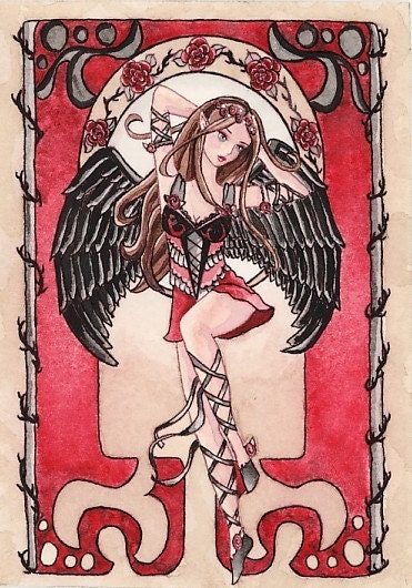 Dark Fairy ACEO Print - Fantasy Art - Art Nouveau Faery Angel - Rose - by Nikki Burnette