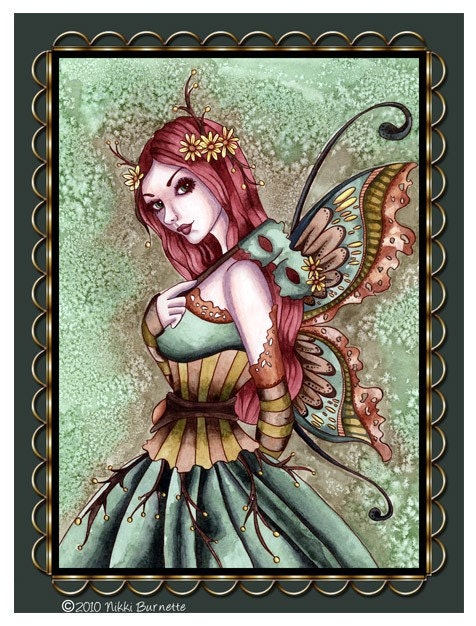 Masquerade Fairy Magnet - Fantasy Art - Mask Butterfly Green Faerie - Arden - by Nikki Burnette