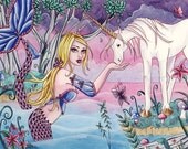 Unicorn Mermaid ACEO Print - Fantasy Art - Butterfly River Fairy - Aliya - by Nikki Burnette