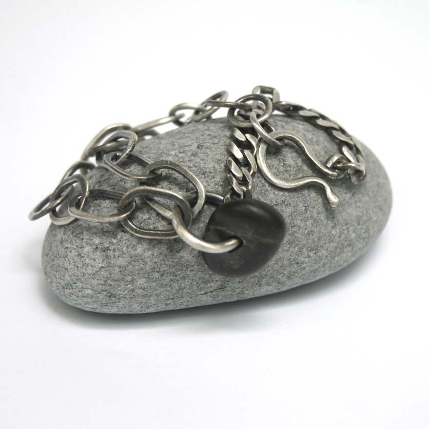 Silver Beach Stone Bracelet Sterling Mixed Chains Assymetrical - Comme Ci Comme Ca