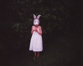 cuniculus (rabbit), 8x10 archival print photograph of girl in animal mask and white vintage dress