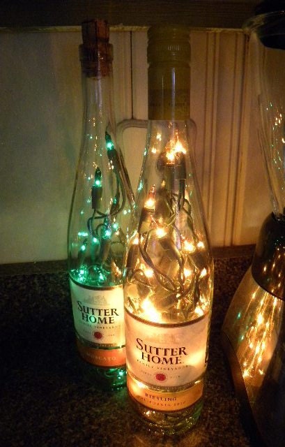 2 Lighted Wine Bottles Sutters Home Moscato and Reisling