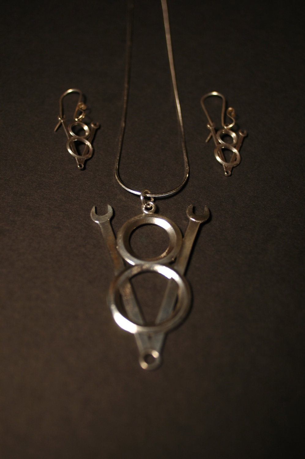 Wrench V8 Emblem Necklace Silver Colored Cast in White Bronze
