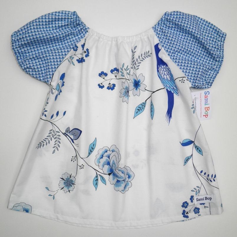Blue and White Bird Butterfly Smock Top - Size 1, 2, 3, 4 and 5 (1T 2T 3T 4T and 5T)