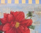 REd Dahlia, Botanical Collage Shabby Stripe
