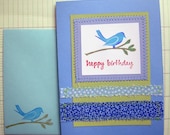 Blue Bird Stamped  Birthday Card and Tag Set, Twitter Bird from a Hand Carved Stamp