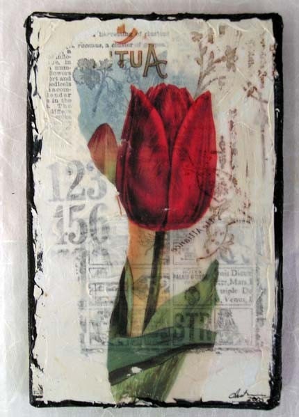 Pair of Red and Yellow Tulips Collaged On Small Canvases