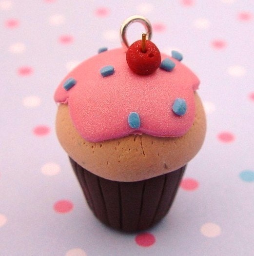 Polymer Clay Cupcake Charm. Cupcake Pendant. Chocolate Cupcake with Strawberry Frosting and Cherry