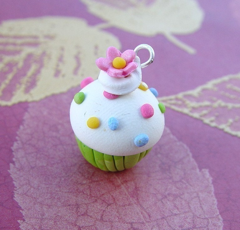 Polymer Clay Cupcake Charm.   Vanilla Cupcake and Sprinkles Pendant