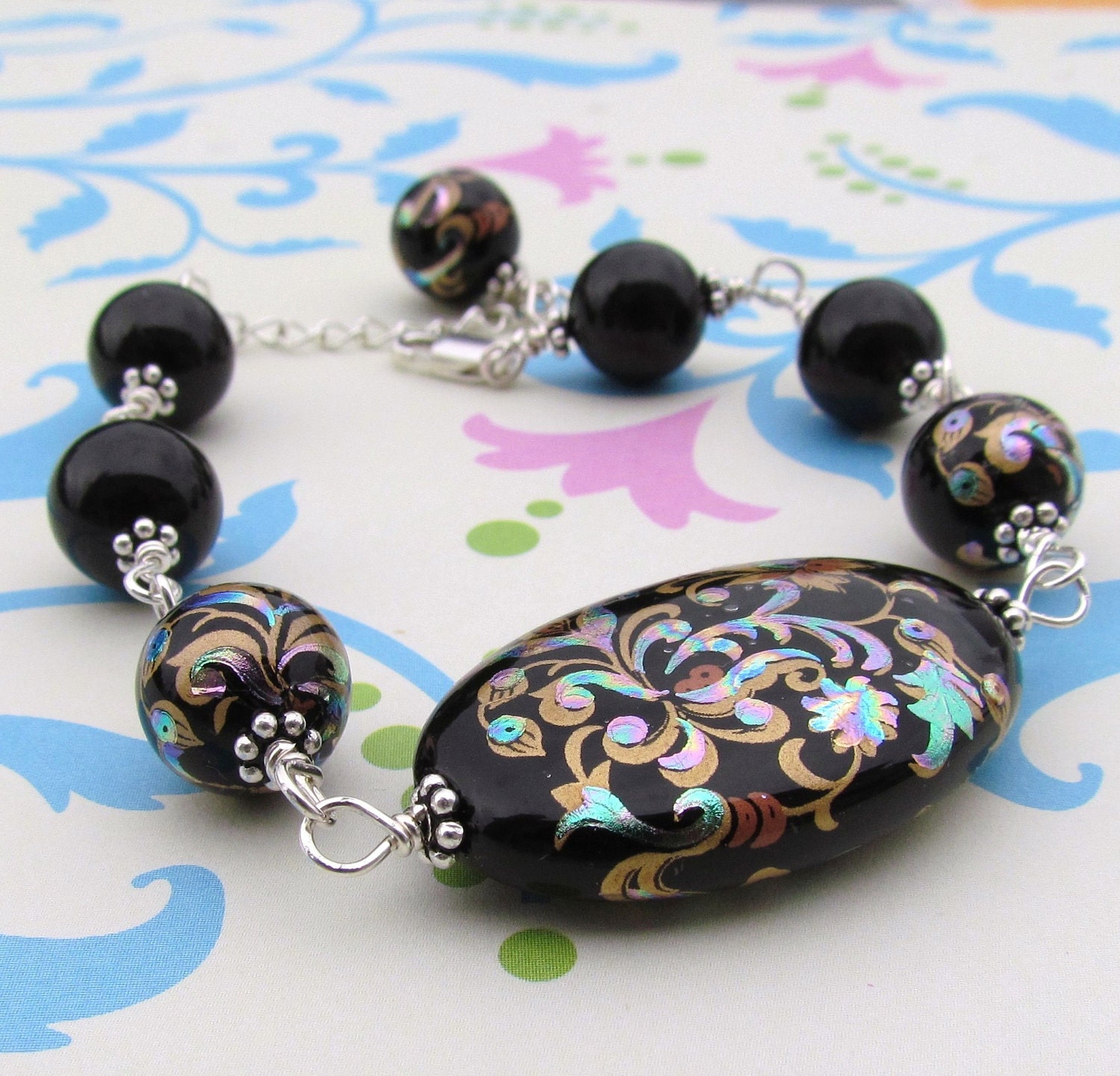sterling Tensha Bead Bracelet. Black Focal Bead Bracelet. Black Japanese Bracelet with Swarovski Pearls
