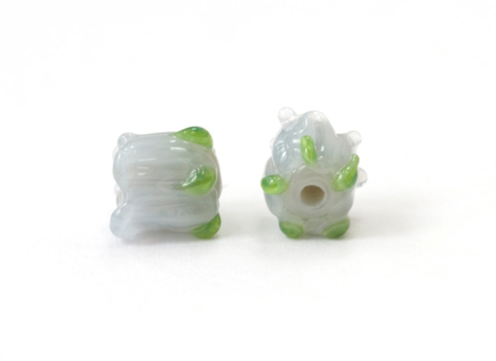 White Lampwork Glass Flower Bud Beads Earring Pair Handmade