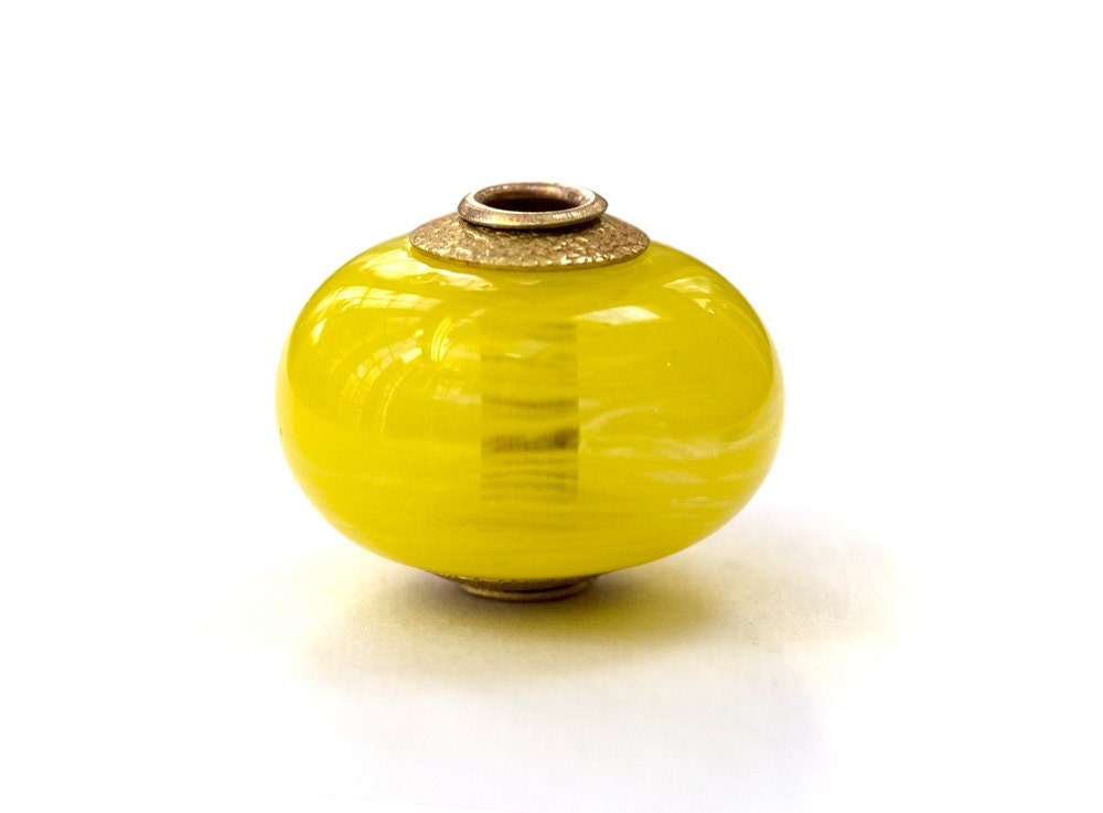 Blown Hollow Lampwork Glass Bead With Copper Core Patina Caps Handmade Big Hole Bright Lemon Yellow