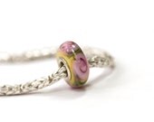 Glass European Charm Bead Lampwork Sterling Silver Core Big Hole Pink Roses on Yellow