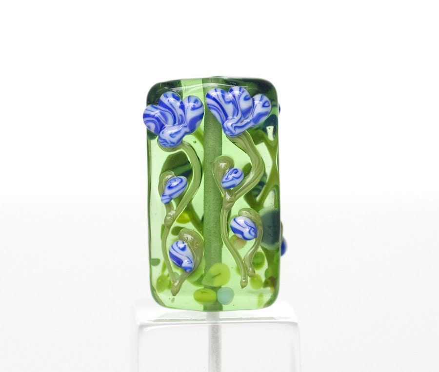 Green Lampwork Glass Bead Slate Blue Flower Handmade