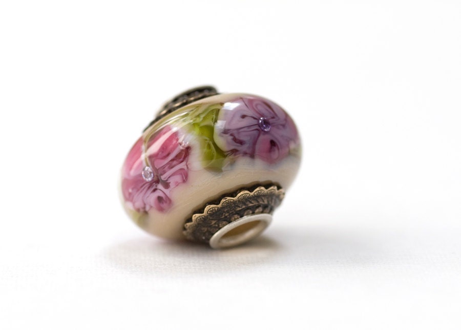 Lampwork Bead Glass Fuchsia Pink Flower Sterling Silver Core Handmade Big Hole Focal European Charm